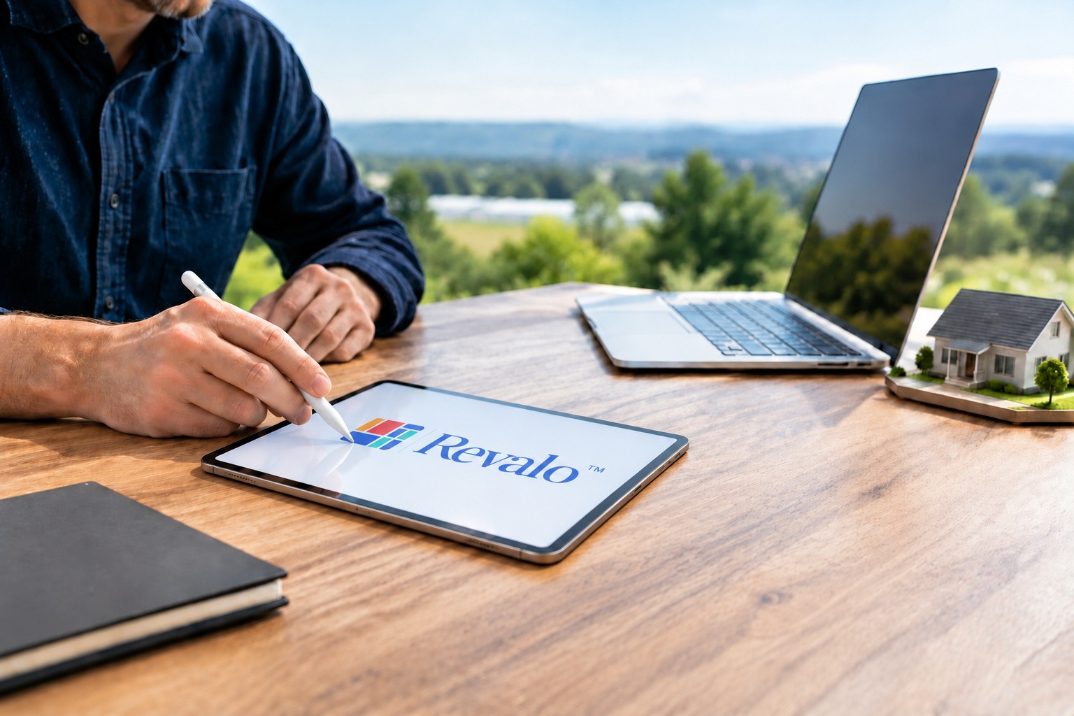 Person using a stylus on a tablet showing the Revalo logo, with a laptop and a model house on the desk